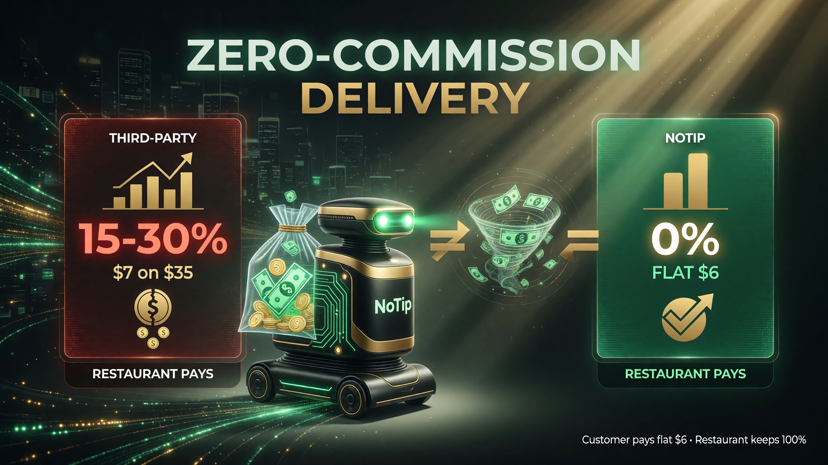 Cost comparison: third-party 15-30 percent commission vs NoTip flat 6 dollar fee and zero restaurant commission