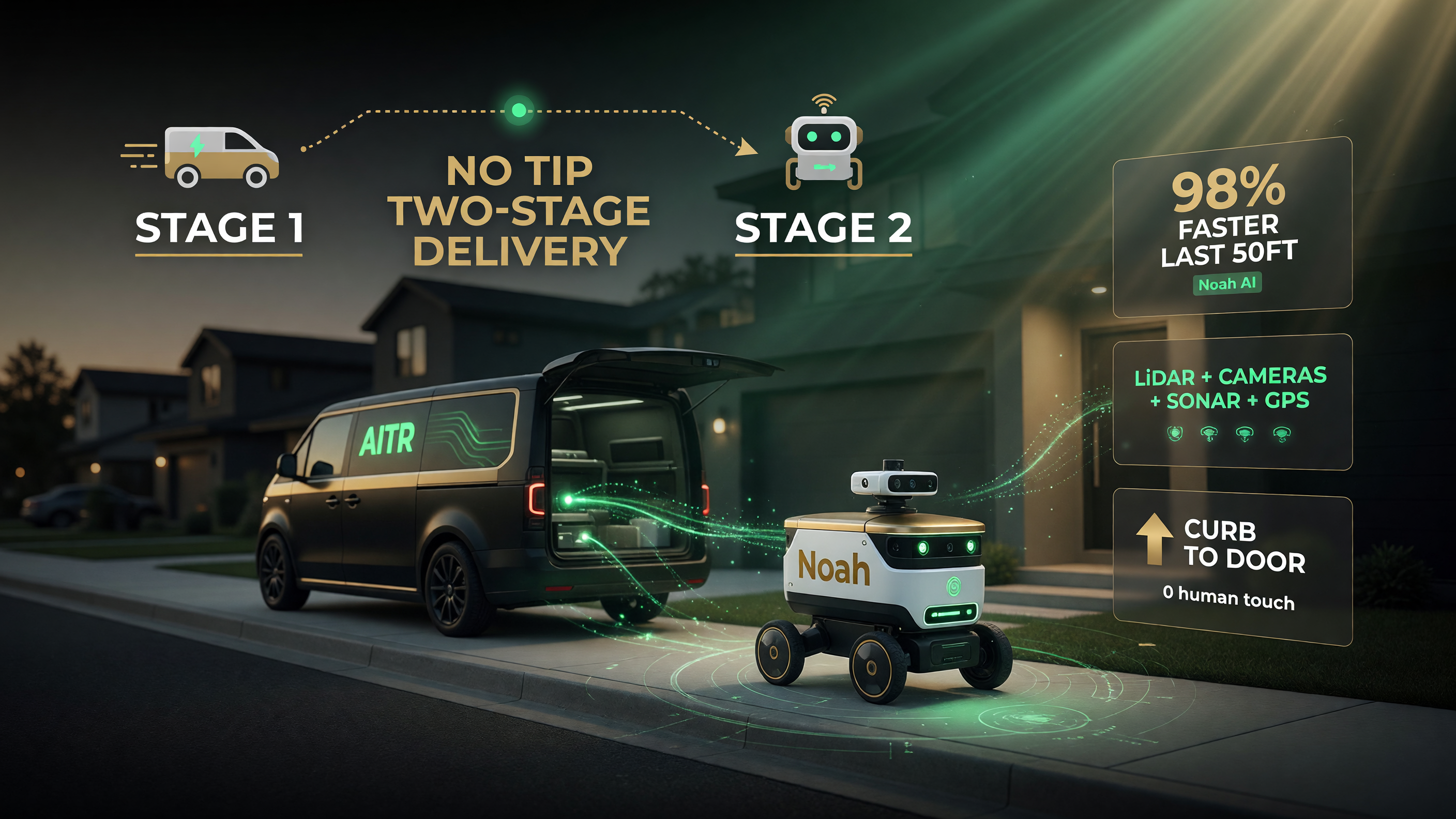 NoTip two-stage delivery flow: EV carries order to neighborhood, robot Noah completes final stretch to the door