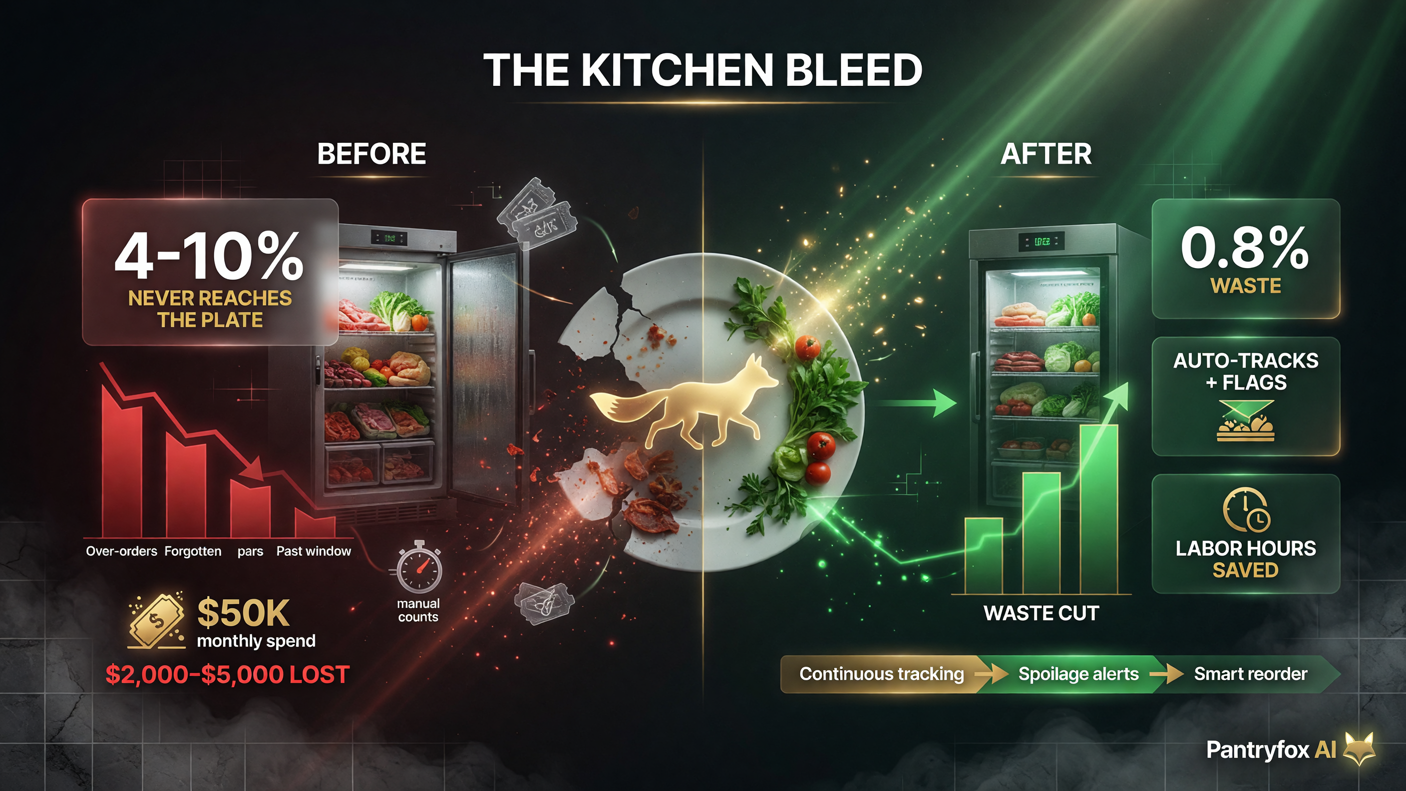 Before and after Pantryfox: 4-10 percent hidden food waste and $2,000-$5,000 lost monthly versus tracked reduction with the AI inventory agent