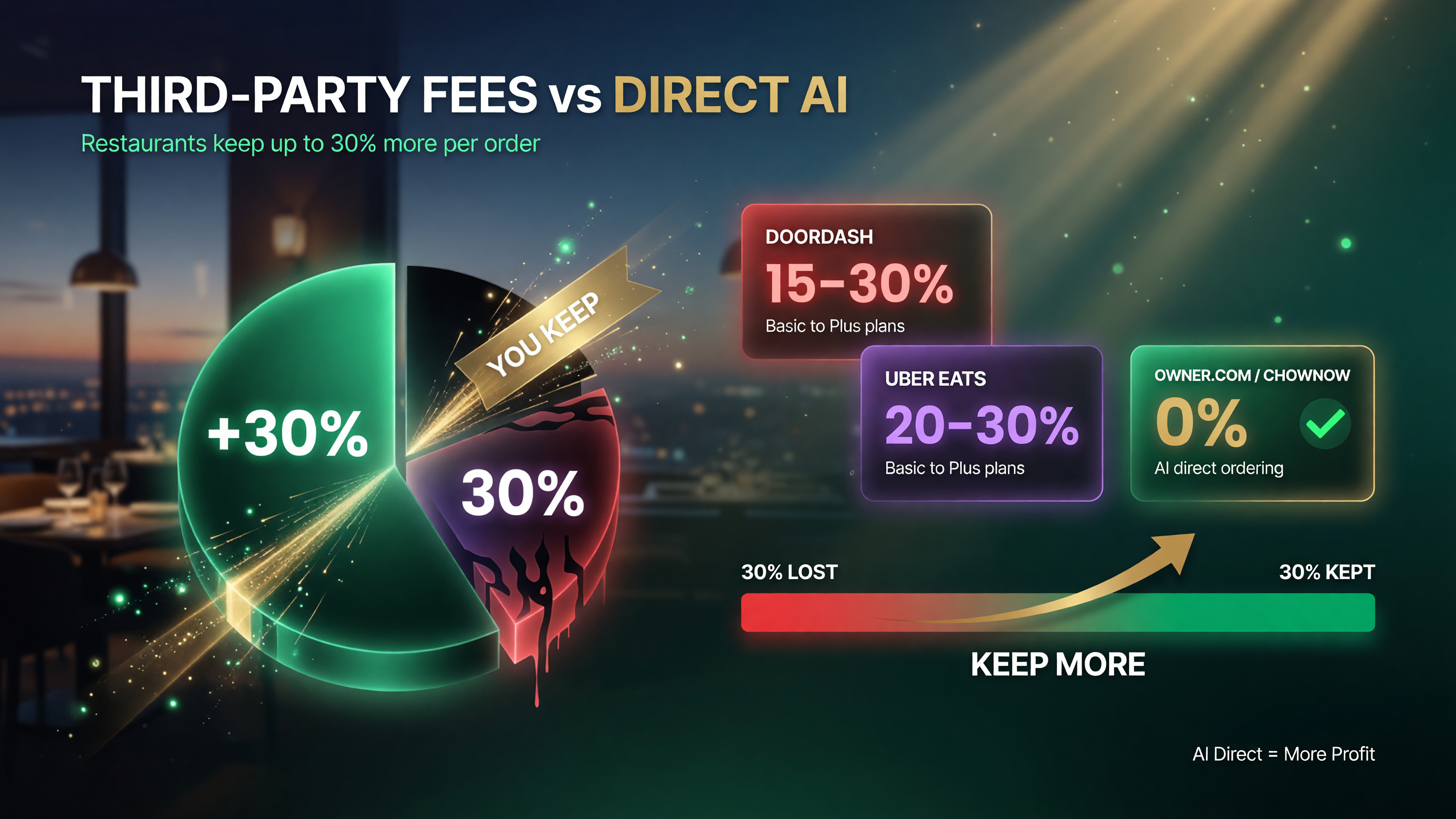 Third-party delivery commission comparison: DoorDash charges 15 percent to 30 percent, Uber Eats runs 20 to 30 percent, while direct AI ordering platforms like Owner.com and ChowNow charge about 0 percent platform commission
