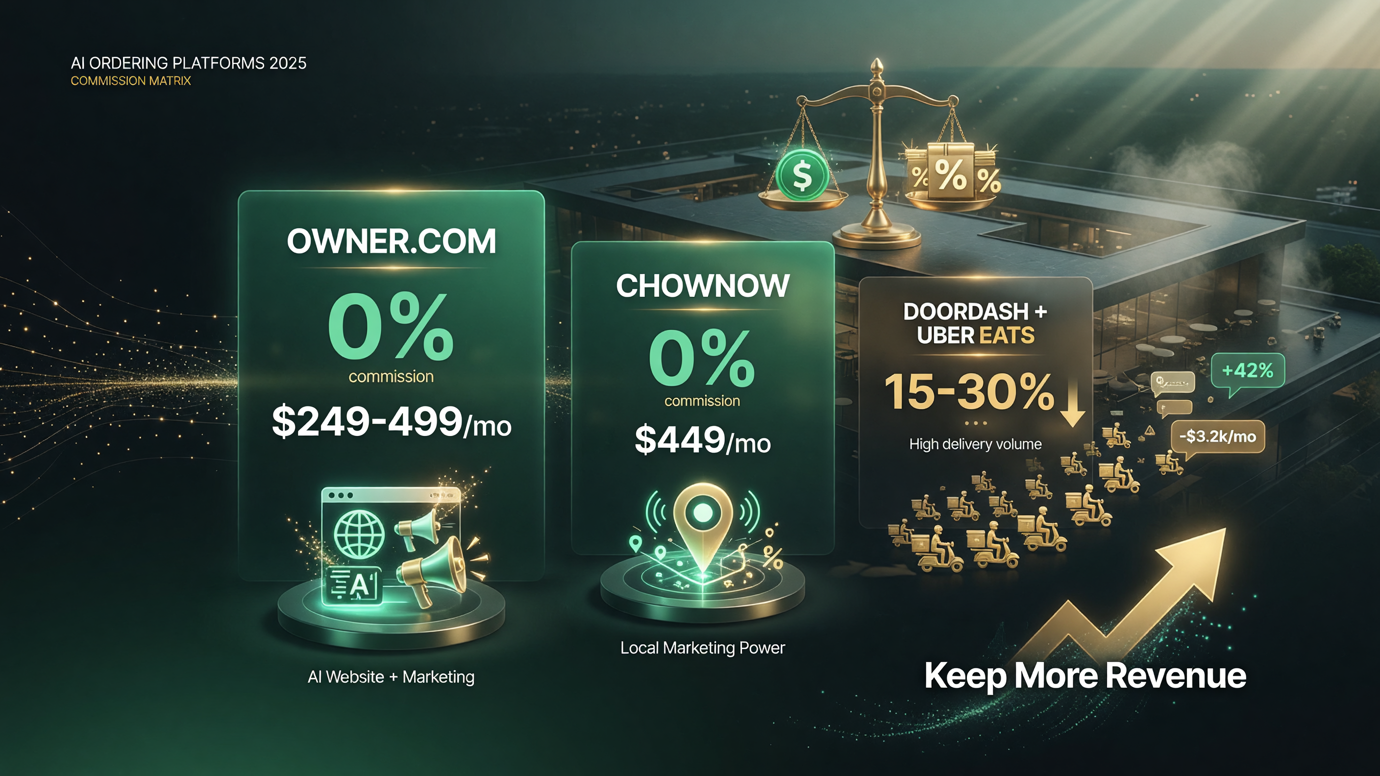 AI ordering platform comparison matrix: Owner.com with 0 percent commission and 249 to 499 dollars a month with strong AI website and marketing, ChowNow with 0 percent commission and about 449 dollars a month with local marketing, DoorDash and Uber Eats charging 15 to 30 percent commission but bringing high delivery volume