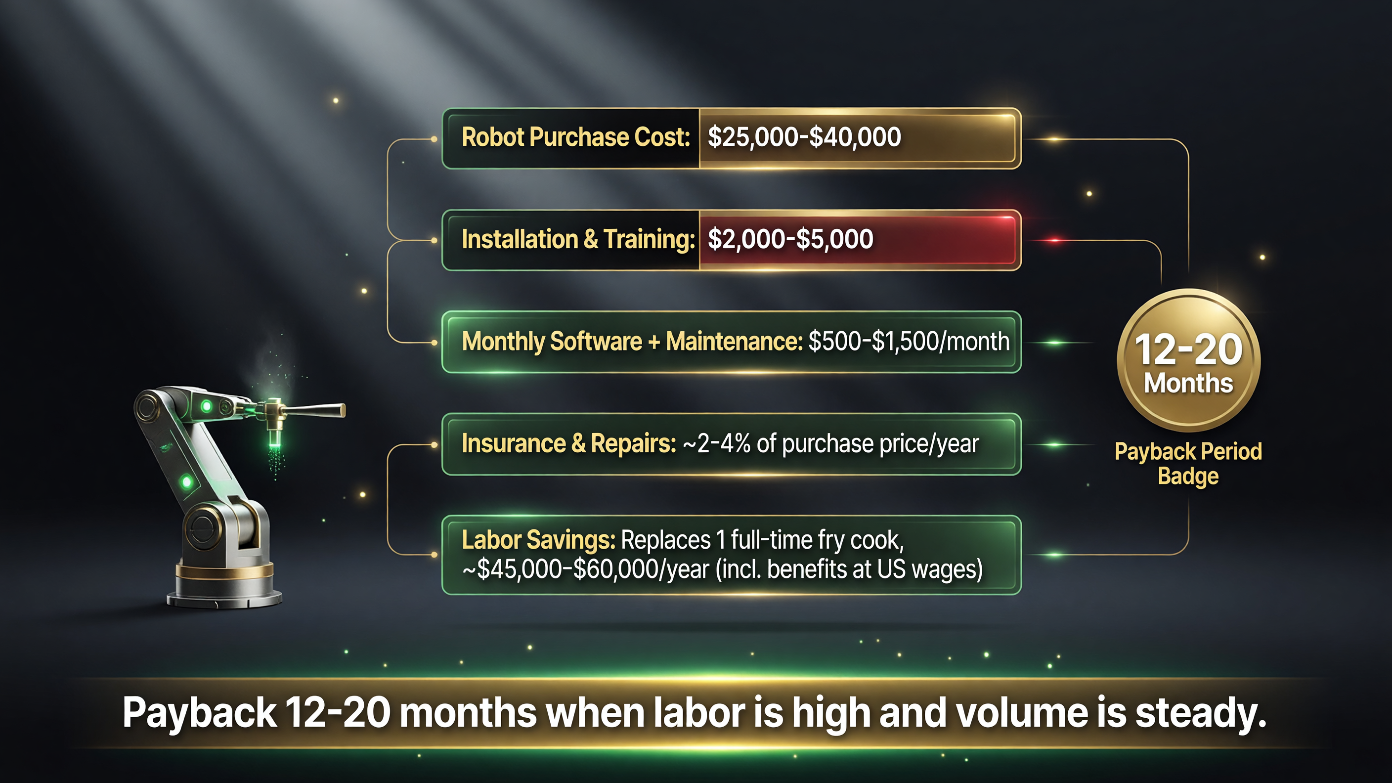 Total cost of ownership for a cooking robot: purchase, installation, monthly software and maintenance, insurance and repairs, versus labor savings