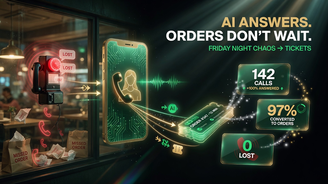 Restaurant Friday night missed calls lost orders versus AI answers every call converts to order