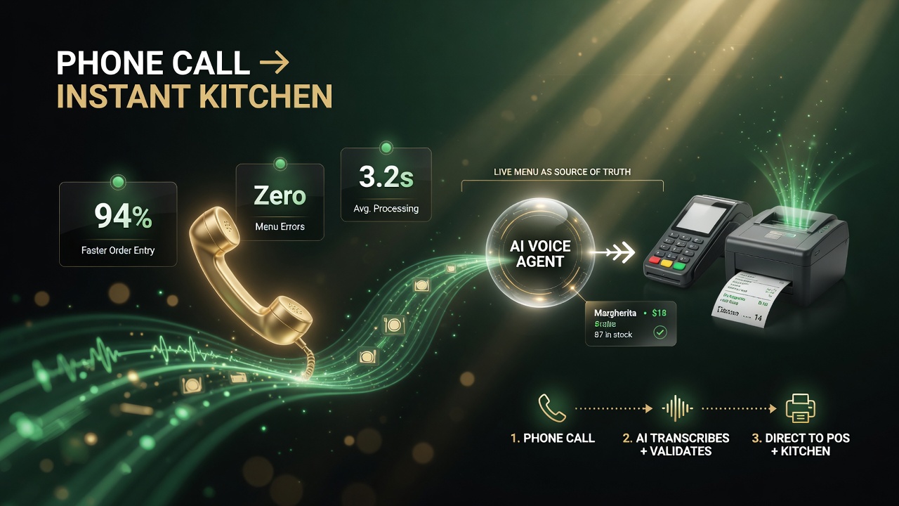 Tumbrel phone call into AI voice agent transcribes validates writes direct to POS and kitchen printer