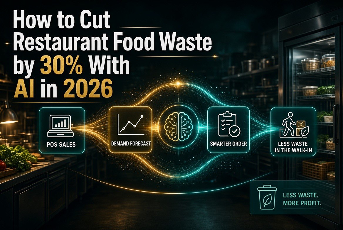 AI food waste reduction flow for independent restaurants: POS sales to demand forecast to smarter ordering