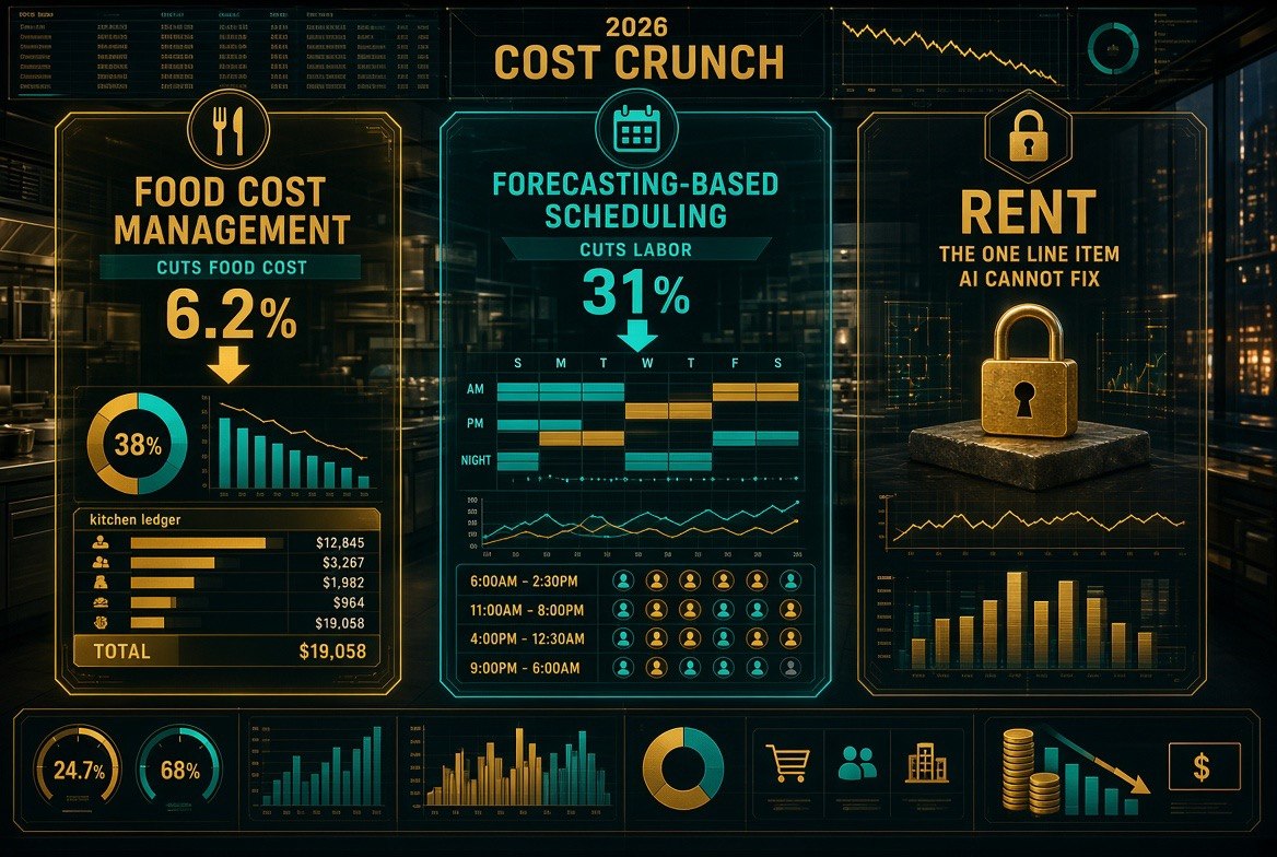 2026 restaurant cost crunch infographic showing AI food-cost management cutting food cost 6.2% and forecasting-based scheduling cutting labor 31%, with rent as the line item AI cannot fix