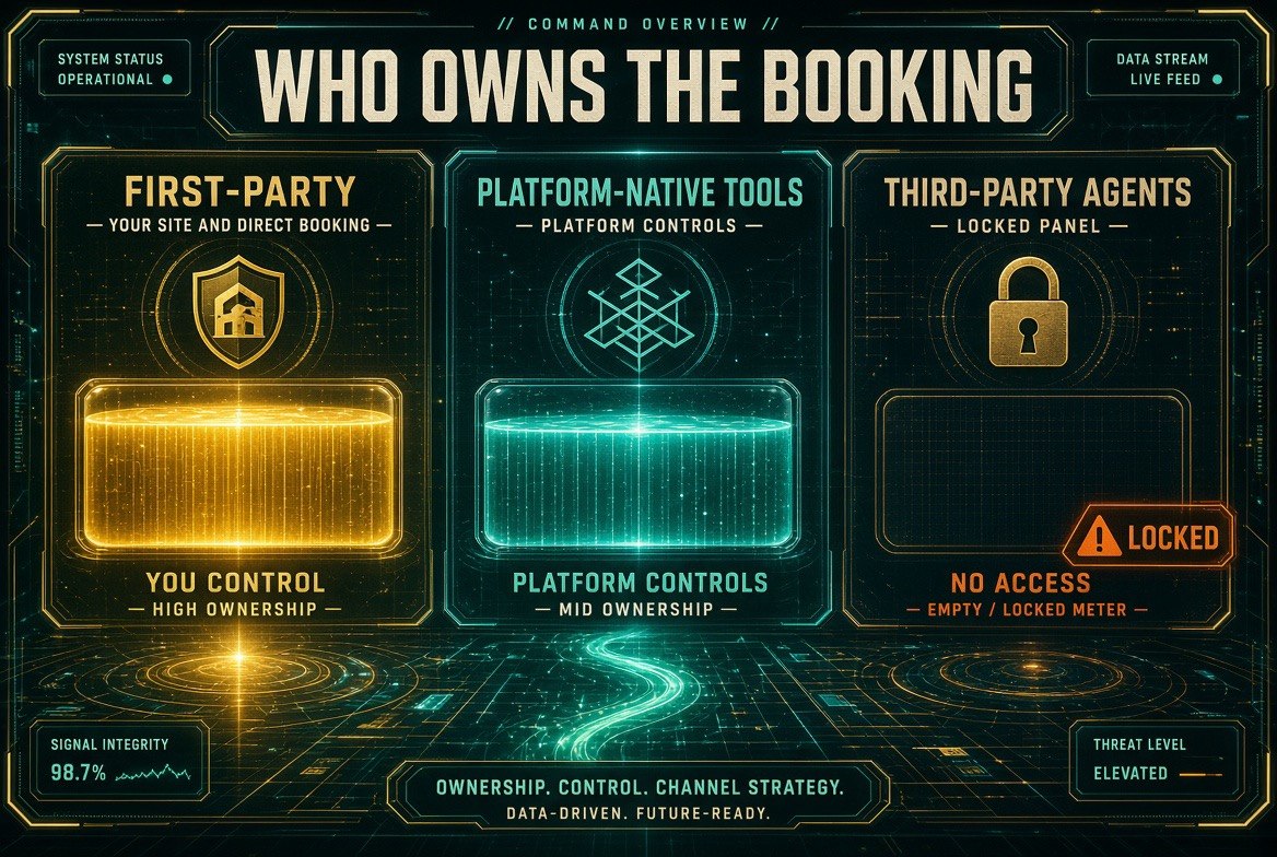 Infographic comparing first-party direct booking that the restaurant controls against platform-native reservation tools and locked-out third-party AI agents