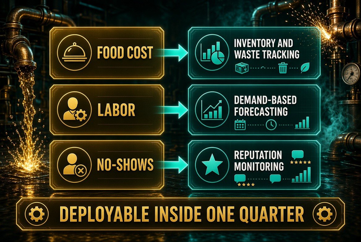 Cost driver to AI system mapping for restaurants: food cost to inventory and waste tracking, labor to demand-based forecasting, no-shows to automated confirmation, reviews to reputation monitoring
