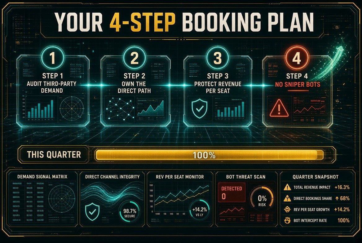 Four step restaurant booking plan infographic covering auditing third-party demand, owning the direct path, protecting revenue per seat and avoiding automated sniper bots