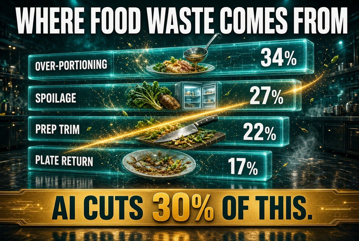 Infographic breaking down where restaurant food waste comes from and how much of it AI tracking can eliminate
