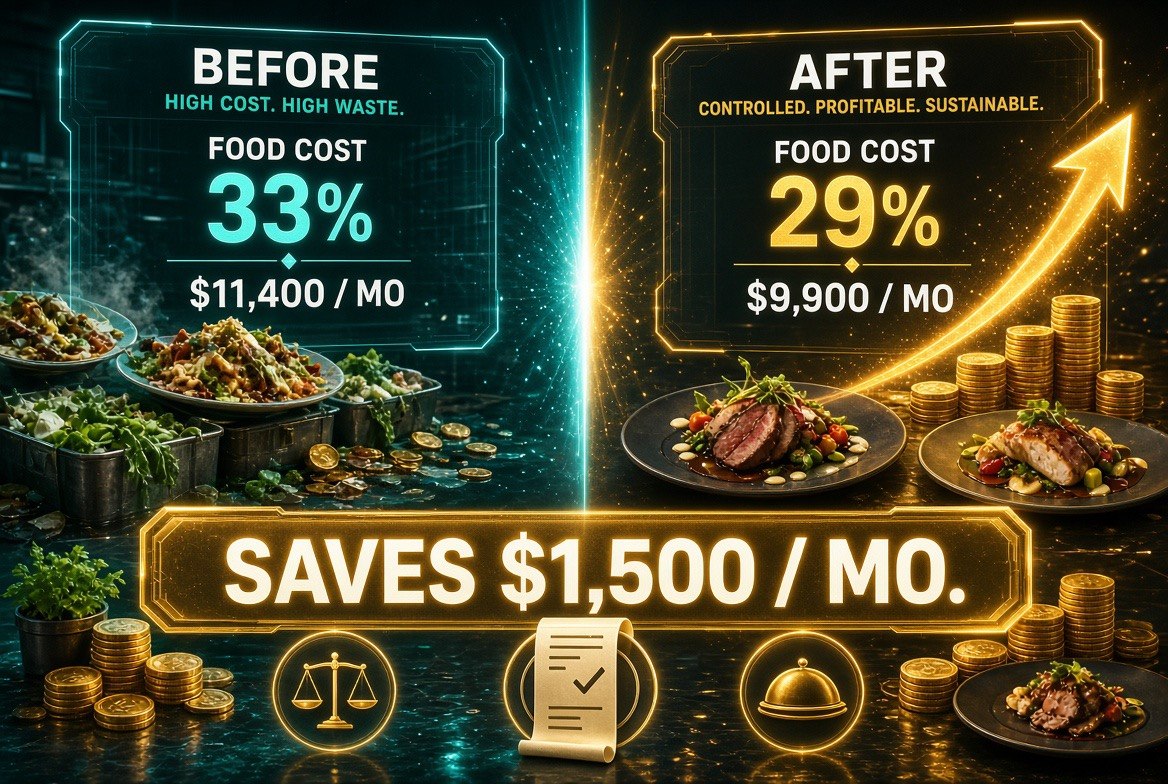 Before and after comparison of a restaurant food cost percentage and monthly savings with AI waste tracking