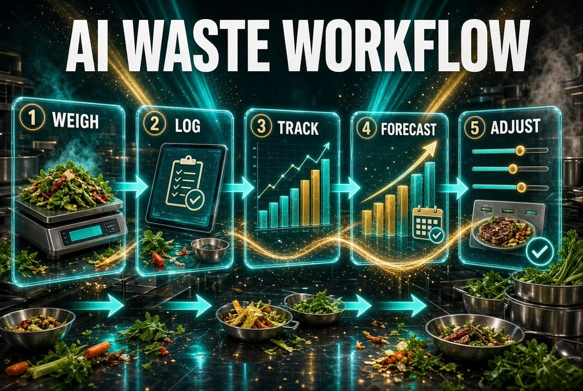 Five step AI food waste tracking workflow for independent restaurants: weigh, log, track, forecast, adjust