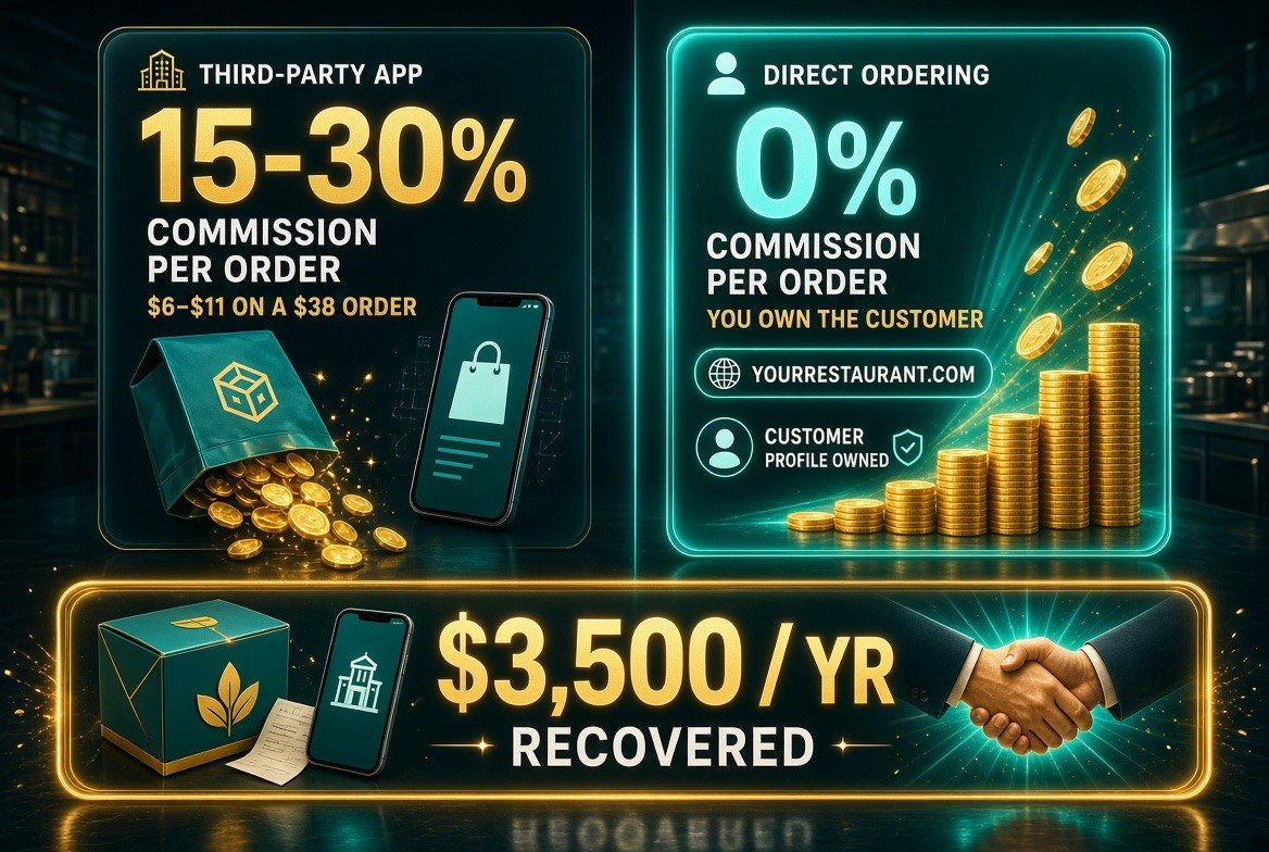 Side by side comparison showing third-party delivery apps taking 15 to 30 percent commission per order while a direct ordering site takes zero commission