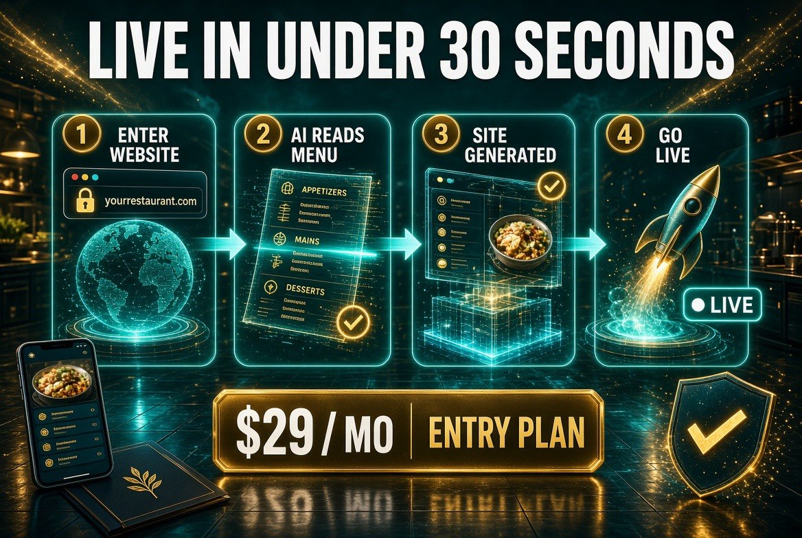 Four step flow showing a restaurant entering its website address, AI reading the menu, the site being generated and going live in under 30 seconds on a 29 dollar per month plan