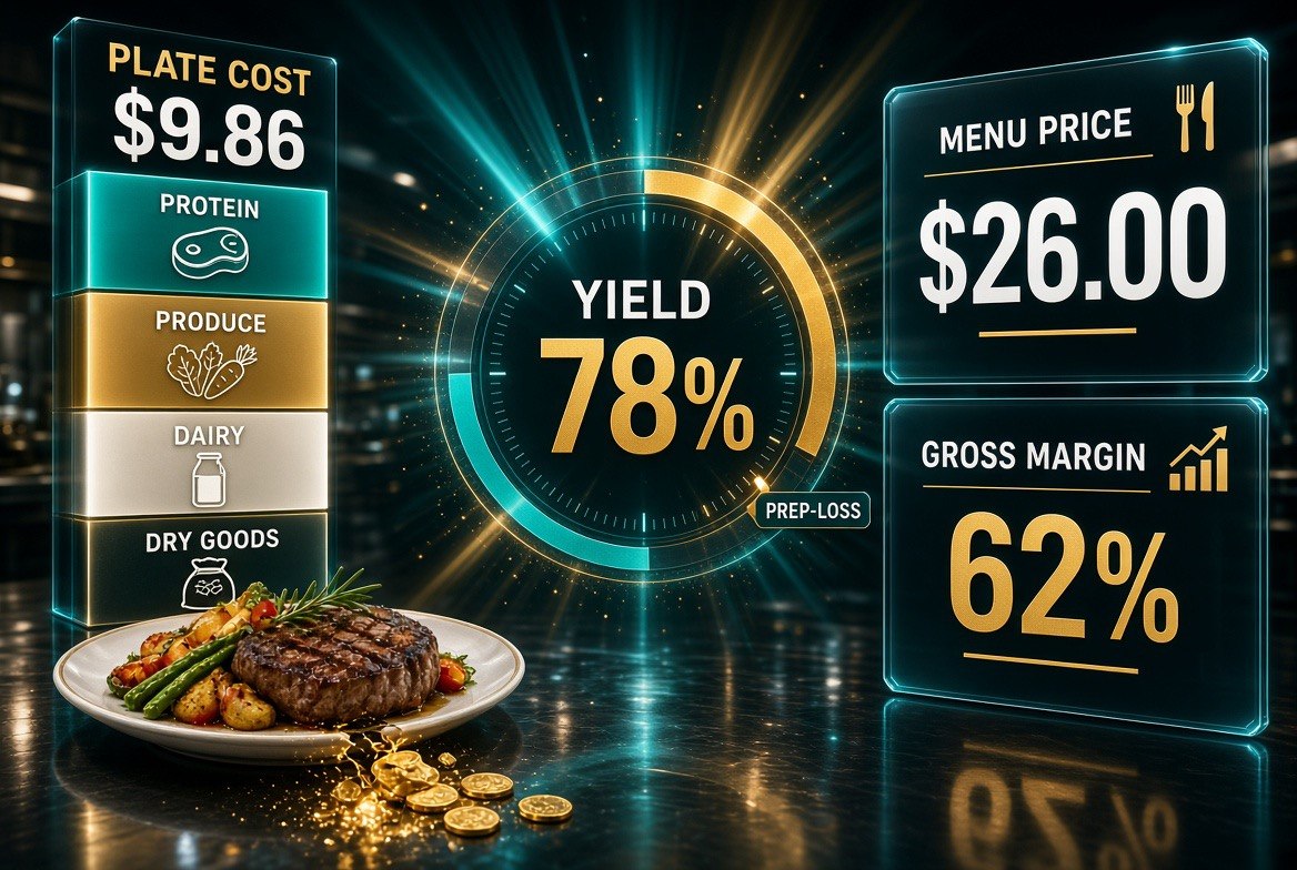 meez plate costing infographic showing plate cost of 9.86 dollars built from protein, produce, dairy and dry goods, a 78 percent yield after prep loss, a 26 dollar menu price and 62 percent gross margin