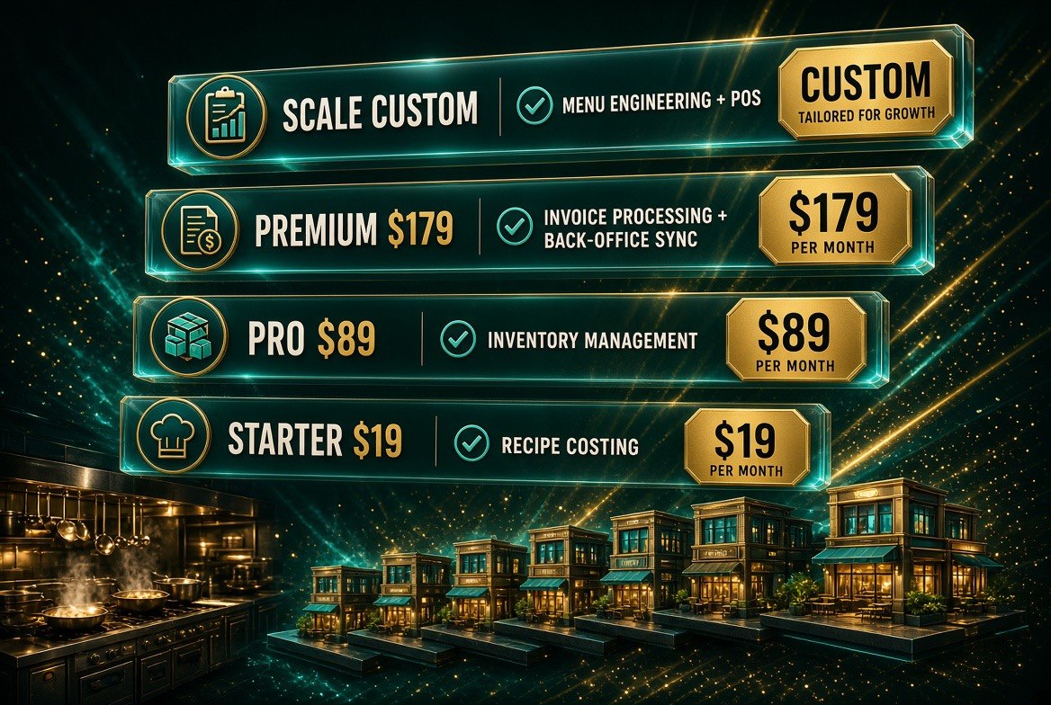 meez pricing tiers infographic showing Starter at 19 dollars per month for recipe costing, Pro at 89 dollars for inventory management, Premium at 179 dollars for invoice processing and back-office sync, and Scale custom for menu engineering and POS