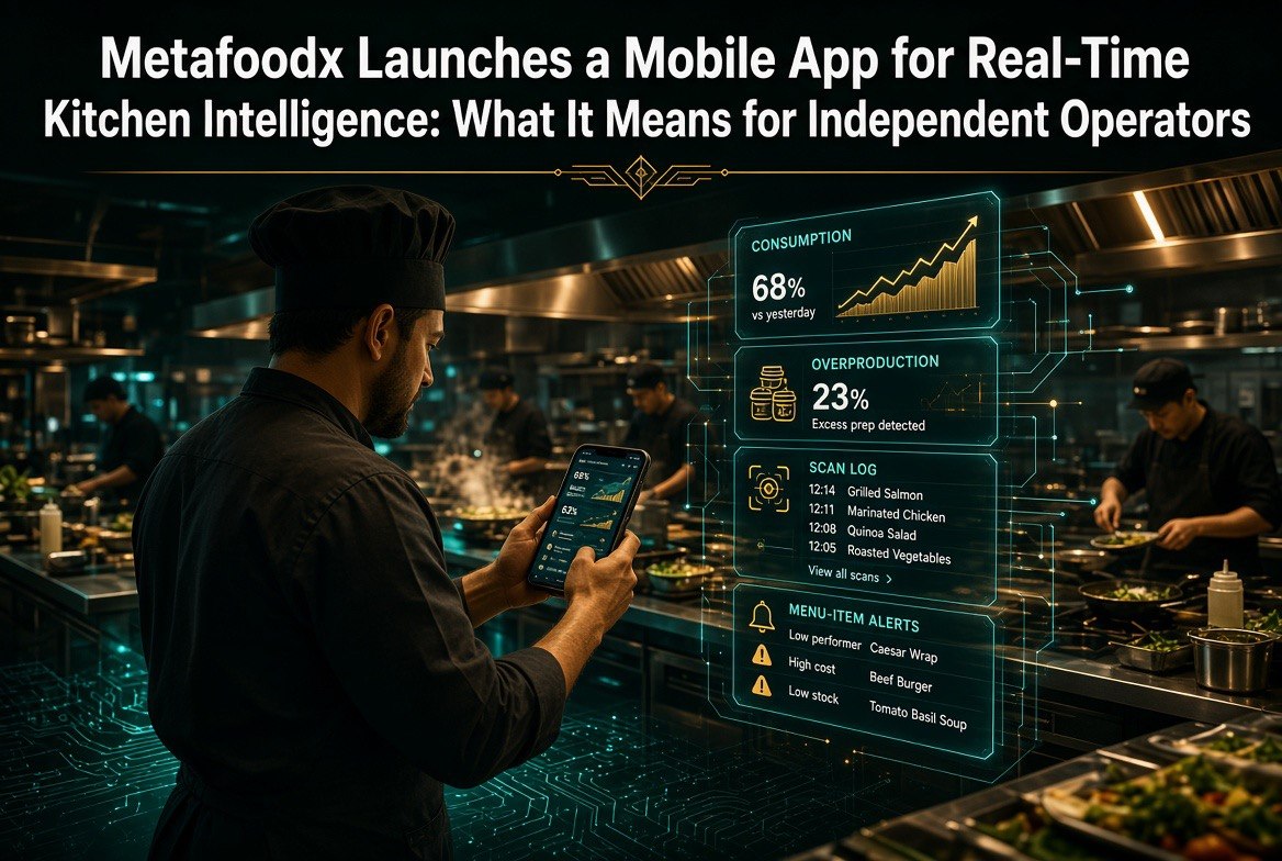 Chef holding a phone showing the Metafoodx dashboard with consumption, overproduction, scan log, and menu-item alerts