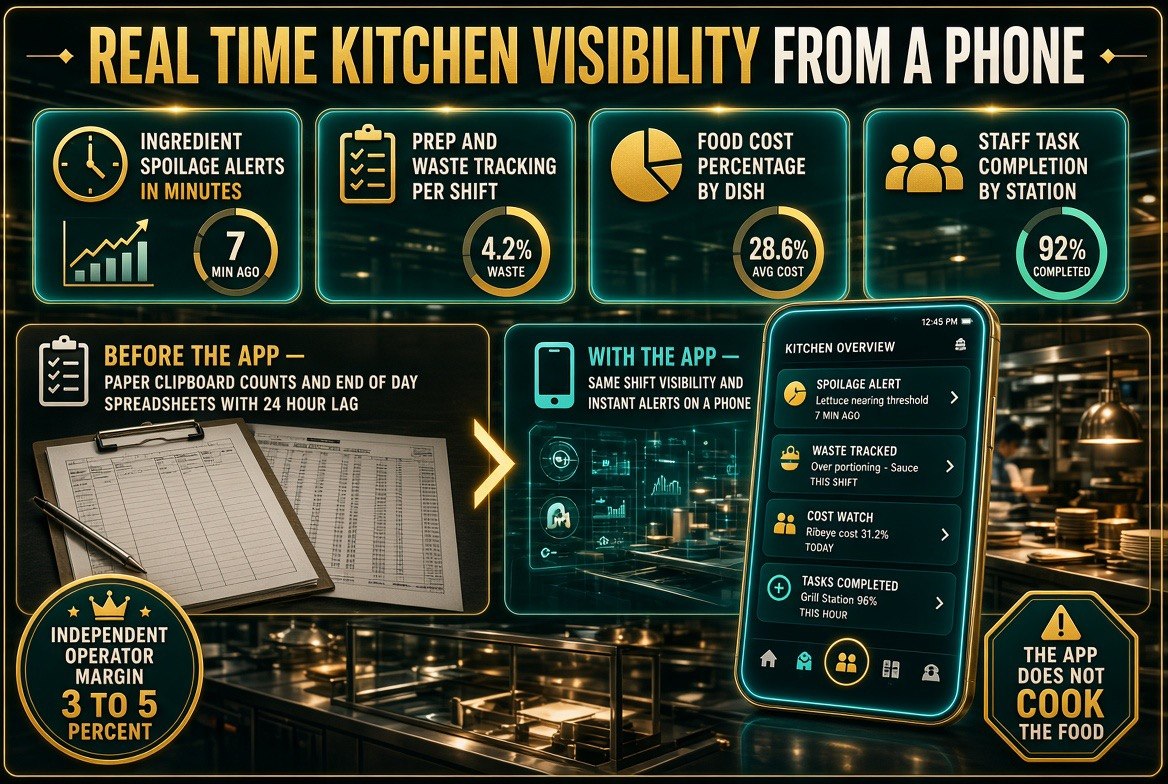 Mobile kitchen intelligence dashboard showing ingredient spoilage alerts, prep and waste tracking, food cost percentage by dish, and staff task completion by station, with a before and after comparison of paper clipboards versus same shift phone alerts