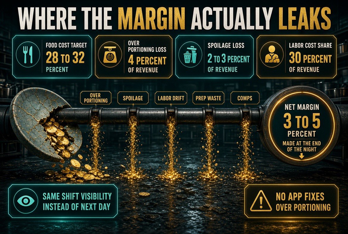 Restaurant margin leak diagram showing food cost target of 28 to 32 percent, over portioning loss, spoilage loss, and labor cost share draining a leaky pipe down to a final net margin of 3 to 5 percent