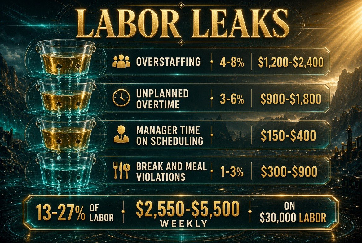 Restaurant labor cost leaks and weekly recovery from AI scheduling: overstaffing 4 to 8 percent worth $1,200 to $2,400, unplanned overtime 3 to 6 percent worth $900 to $1,800, manager scheduling time worth $150 to $400, break and meal violations 1 to 3 percent worth $300 to $900, totaling 13 to 27 percent of labor worth $2,550 to $5,500 weekly on $30,000 labor