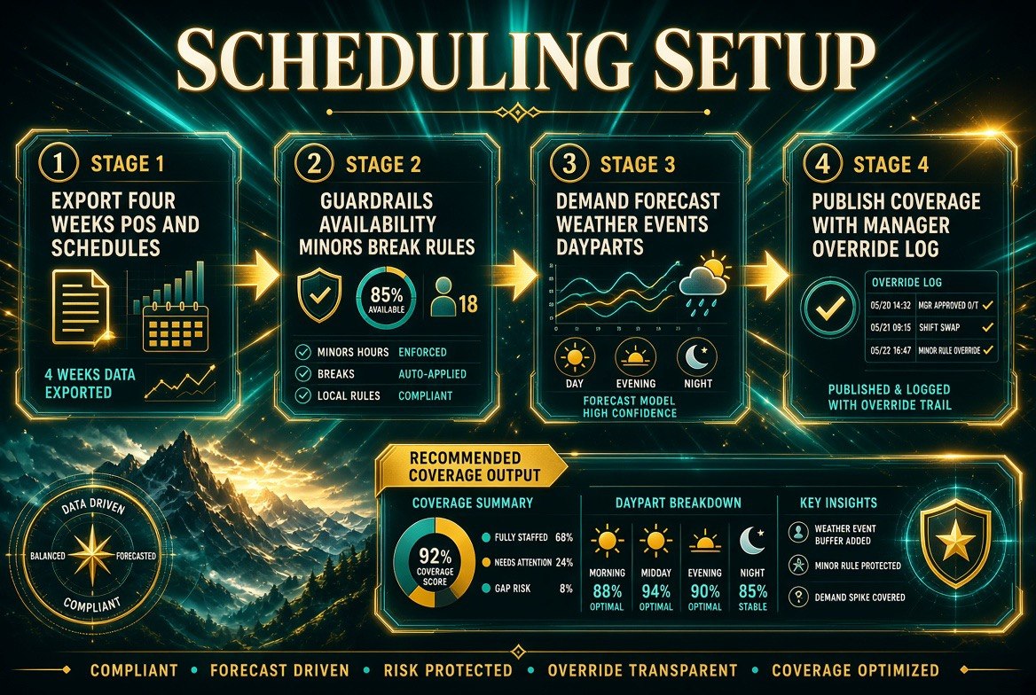 Four stage AI scheduling setup workflow: export four weeks of POS data and published schedules, turn on guardrails for availability minors and break rules, add demand forecasting for weather events and dayparts, then publish recommended coverage with a manager override log