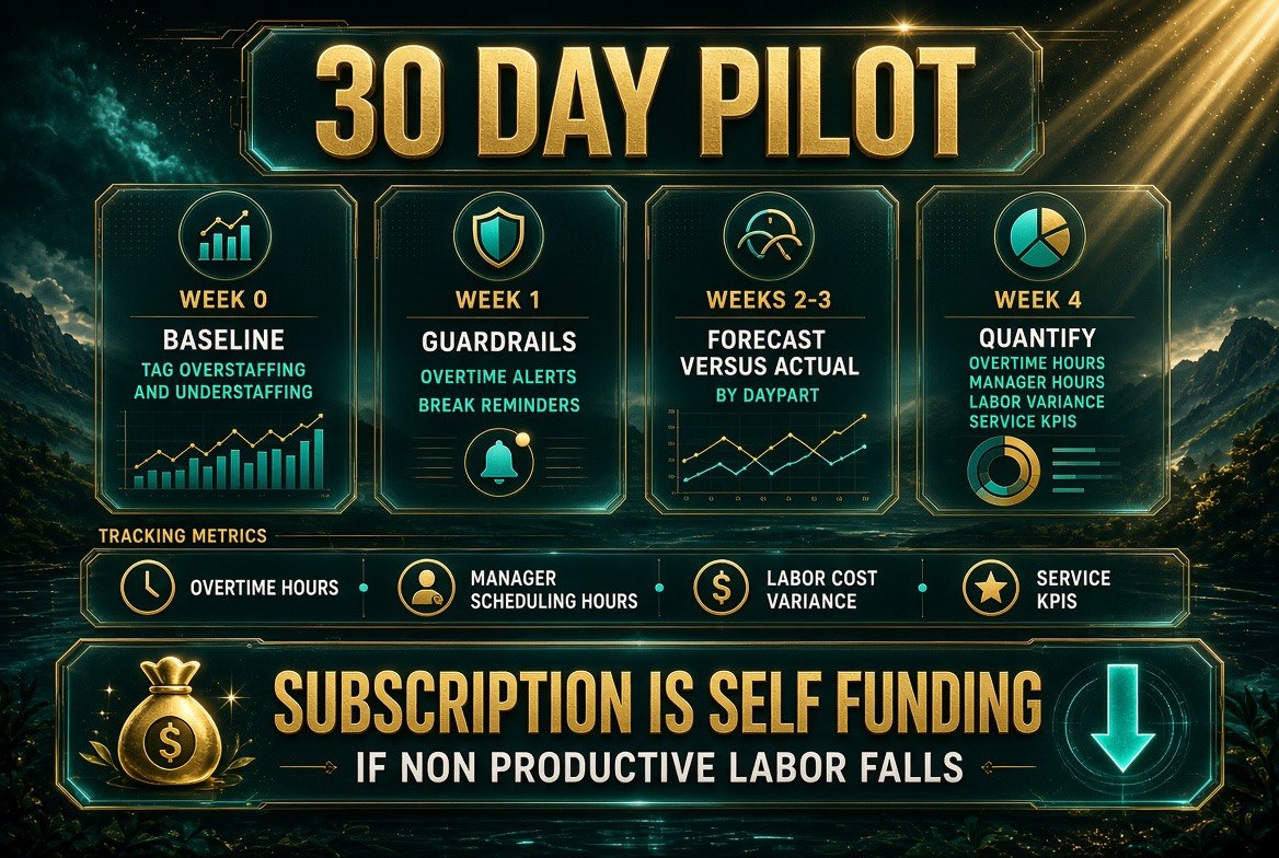 Thirty day AI scheduling pilot scorecard: week zero baseline tagging overstaffing and understaffing, week one guardrails with overtime alerts and break reminders, weeks two to three forecast versus actual by daypart, week four quantifying overtime hours, manager scheduling hours, labor cost variance and service KPIs