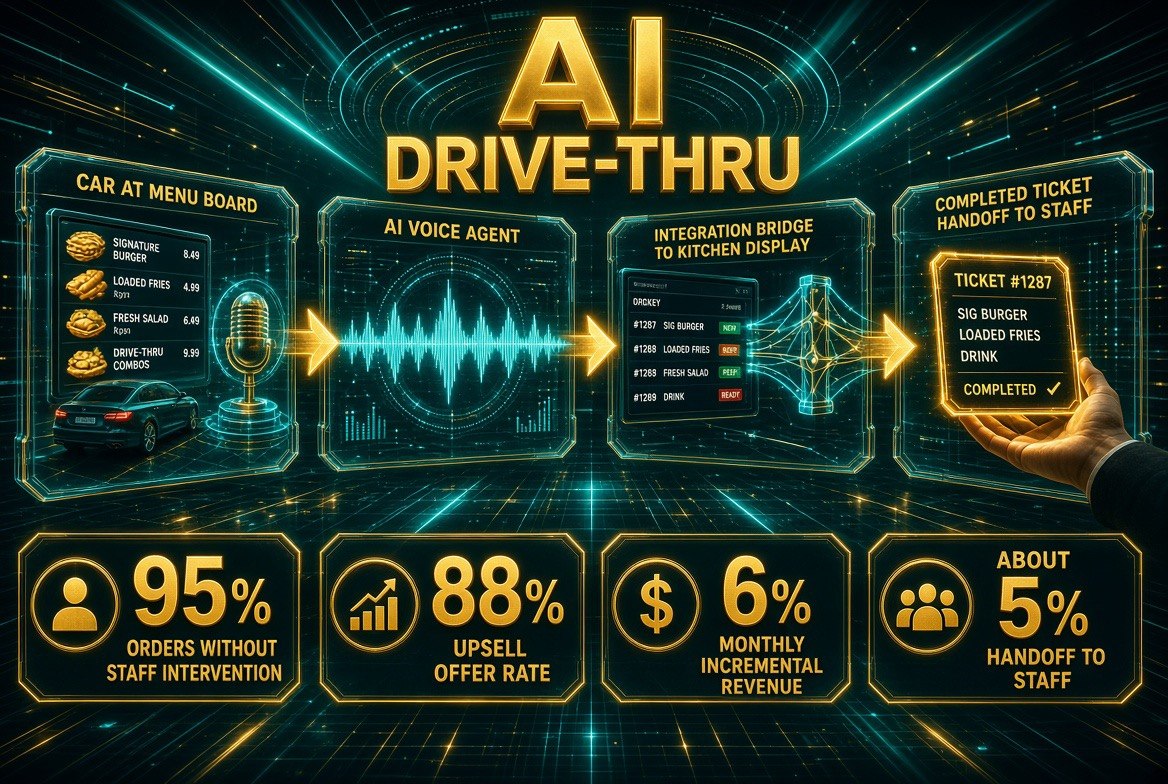 AI drive-thru voice ordering flow infographic from car at menu board through AI voice agent to kitchen display and staff handoff, with metrics of 95 percent orders without staff intervention, 88 percent upsell offer rate, 6 percent monthly incremental revenue, and about 5 percent handoff to staff
