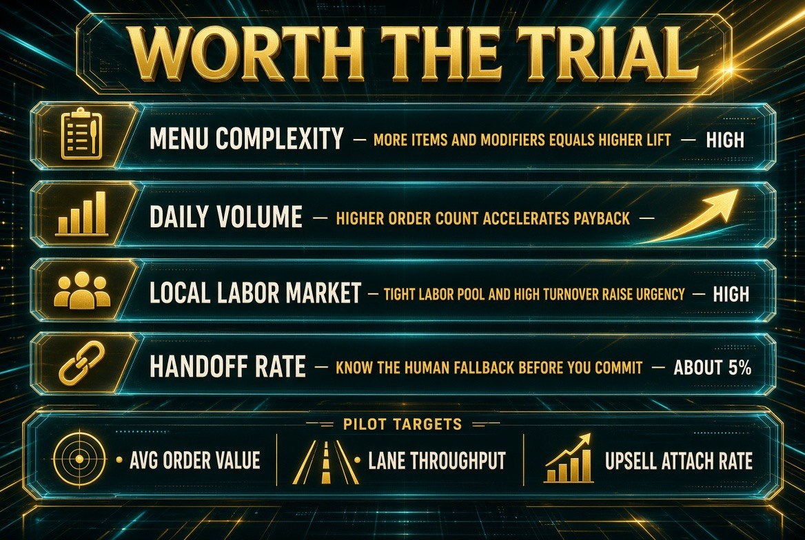 Voice AI drive-thru trial decision framework showing menu complexity, daily volume, local labor market, and handoff rate as the four factors, with pilot targets of average order value, lane throughput, and upsell attach rate