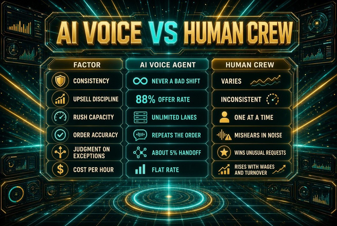Comparison matrix of AI voice agent versus human crew in a drive-thru lane across consistency, upsell discipline, rush capacity, order accuracy, judgment on exceptions, and cost per hour