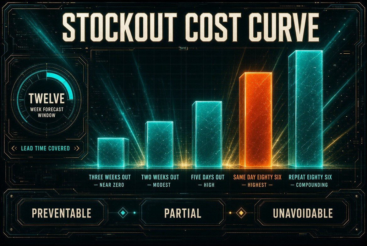Stockout cost curve showing costs climbing sharply the closer a shortage gets, from near zero three weeks out to compounding repeat eighty sixes
