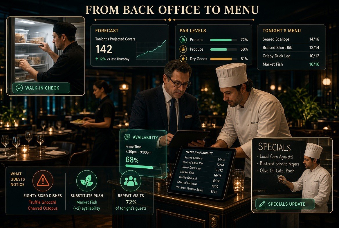 Restaurant general manager and chef at the host stand during service with floating panels showing forecast to par levels to the menu and what guests notice about eighty sixed dishes