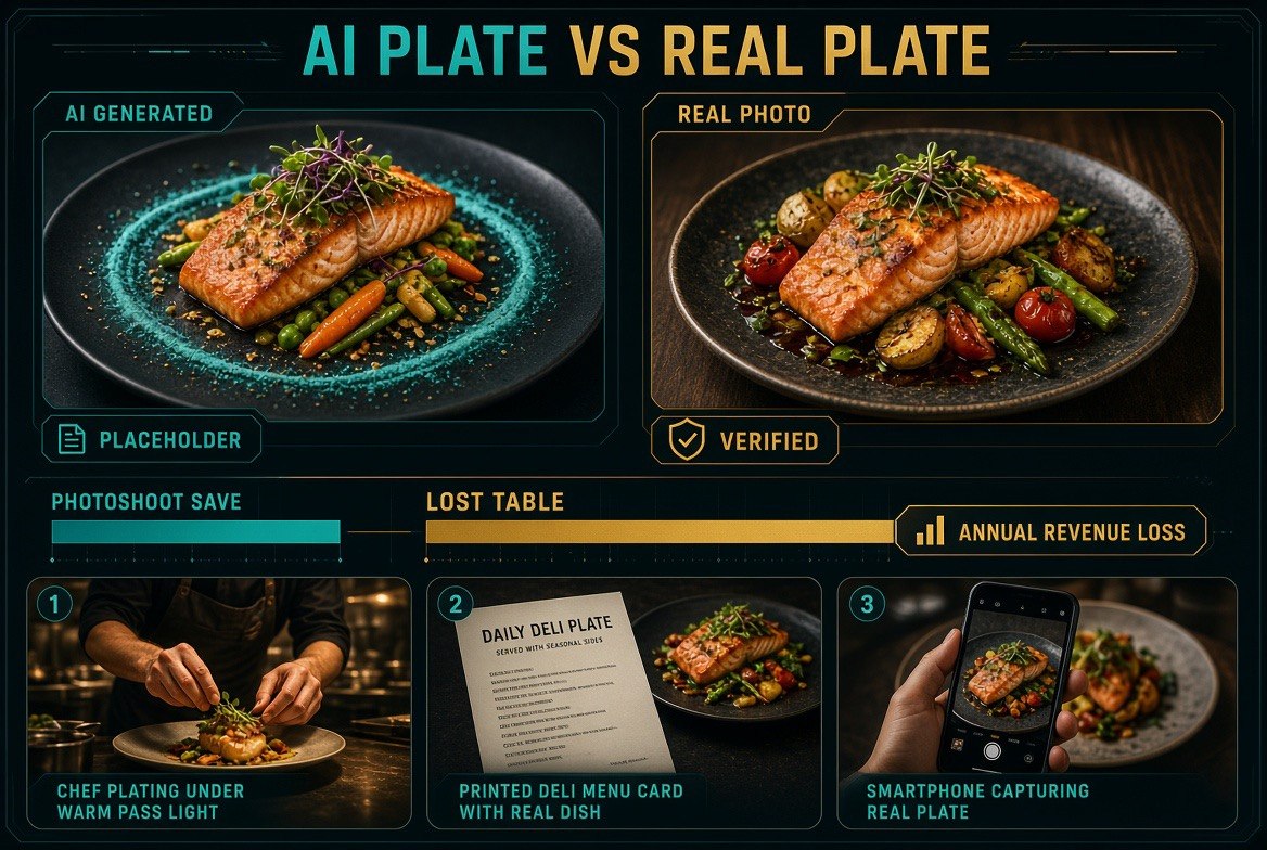 Side-by-side comparison of an AI-generated restaurant dish and a real food photo showing the annual revenue loss from fake menu images