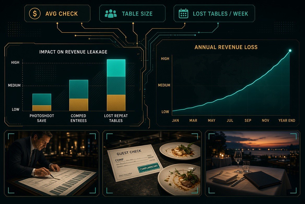 Operator math showing the annual revenue loss from misleading AI-generated menu photos against the small saving on a food photoshoot