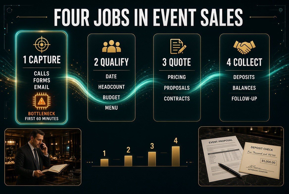 Process flow showing the four jobs an AI event sales stack performs for a restaurant: capture inquiries, qualify leads, quote events and collect deposits