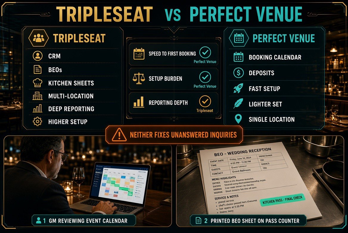 Side-by-side comparison of Tripleseat and Perfect Venue across speed to first booking, setup burden and reporting depth for restaurant event sales