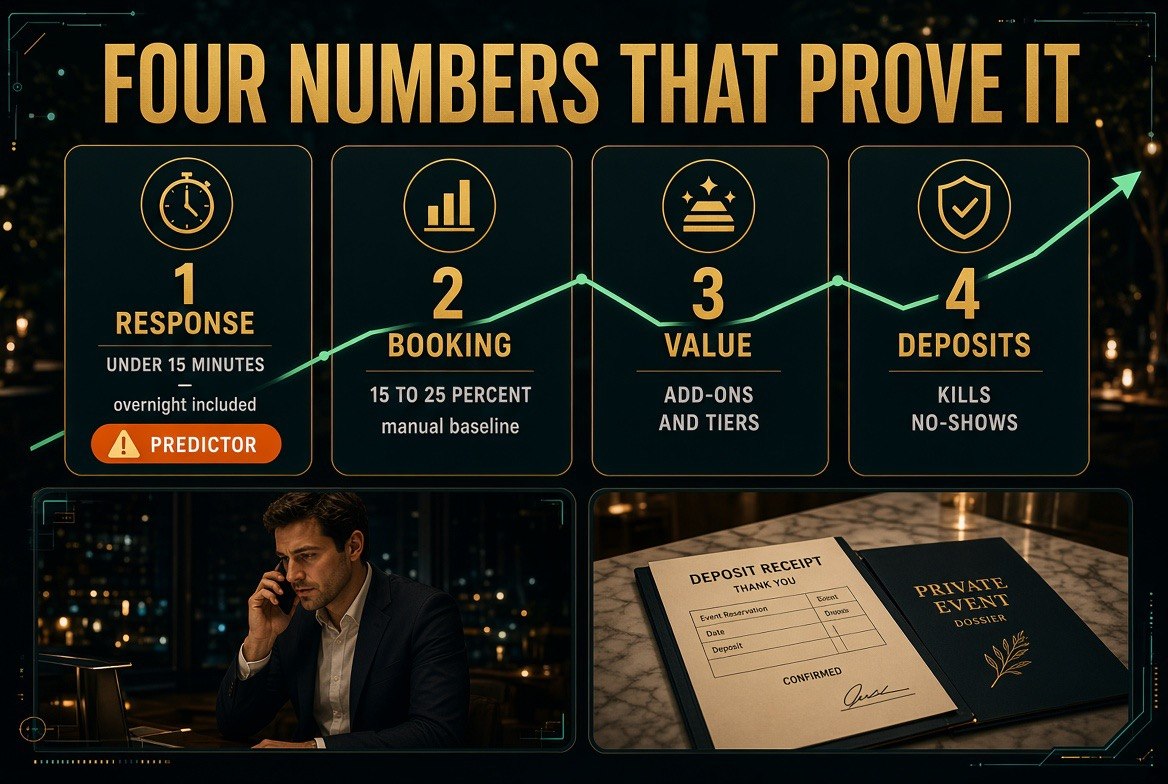 Four metric cards showing inquiry response time under fifteen minutes, booking rate per inquiry, average event value and deposit collection rate for restaurant event sales