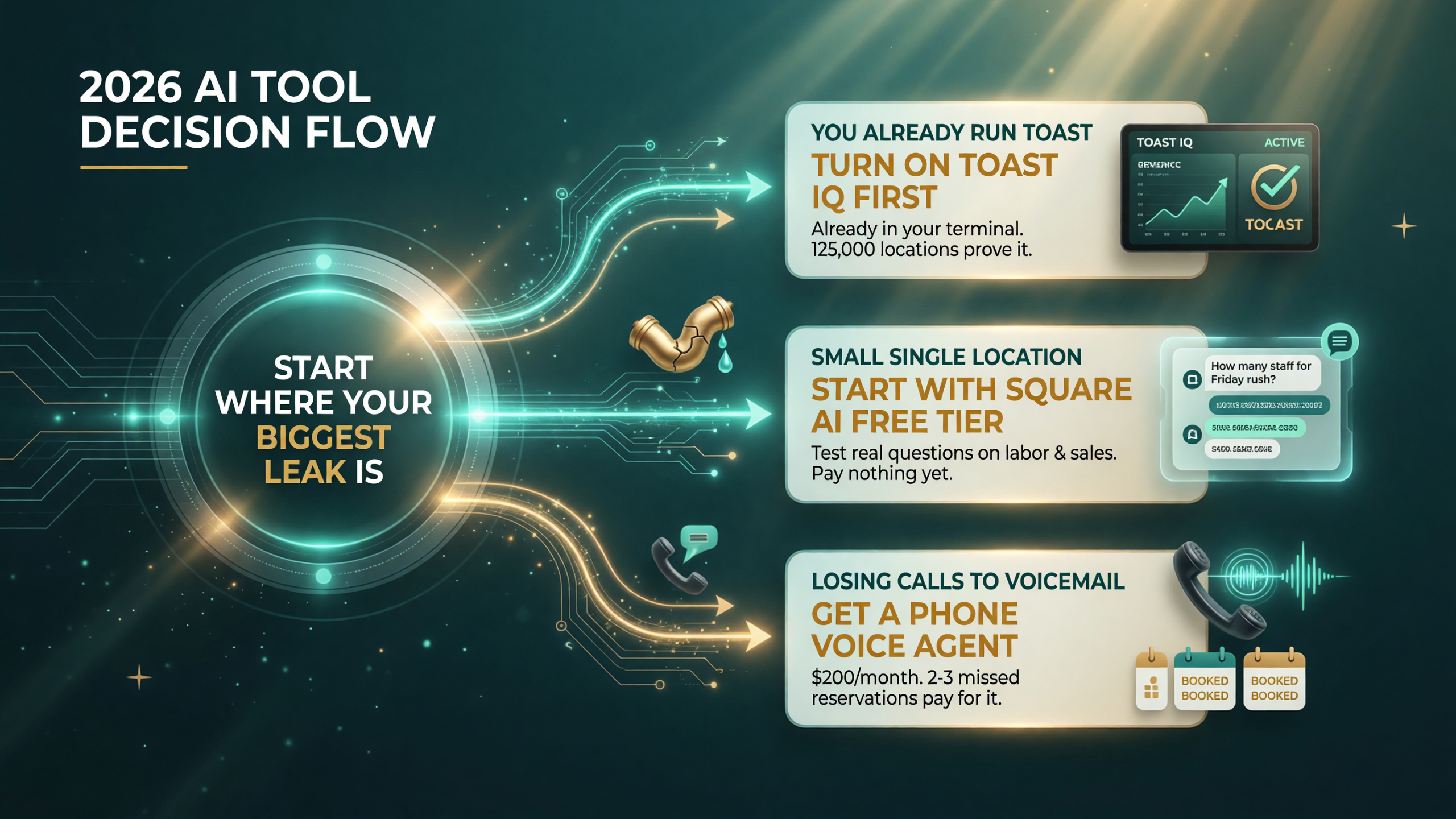 Decision flow for which restaurant AI tool to start with in 2026 based on your biggest leak