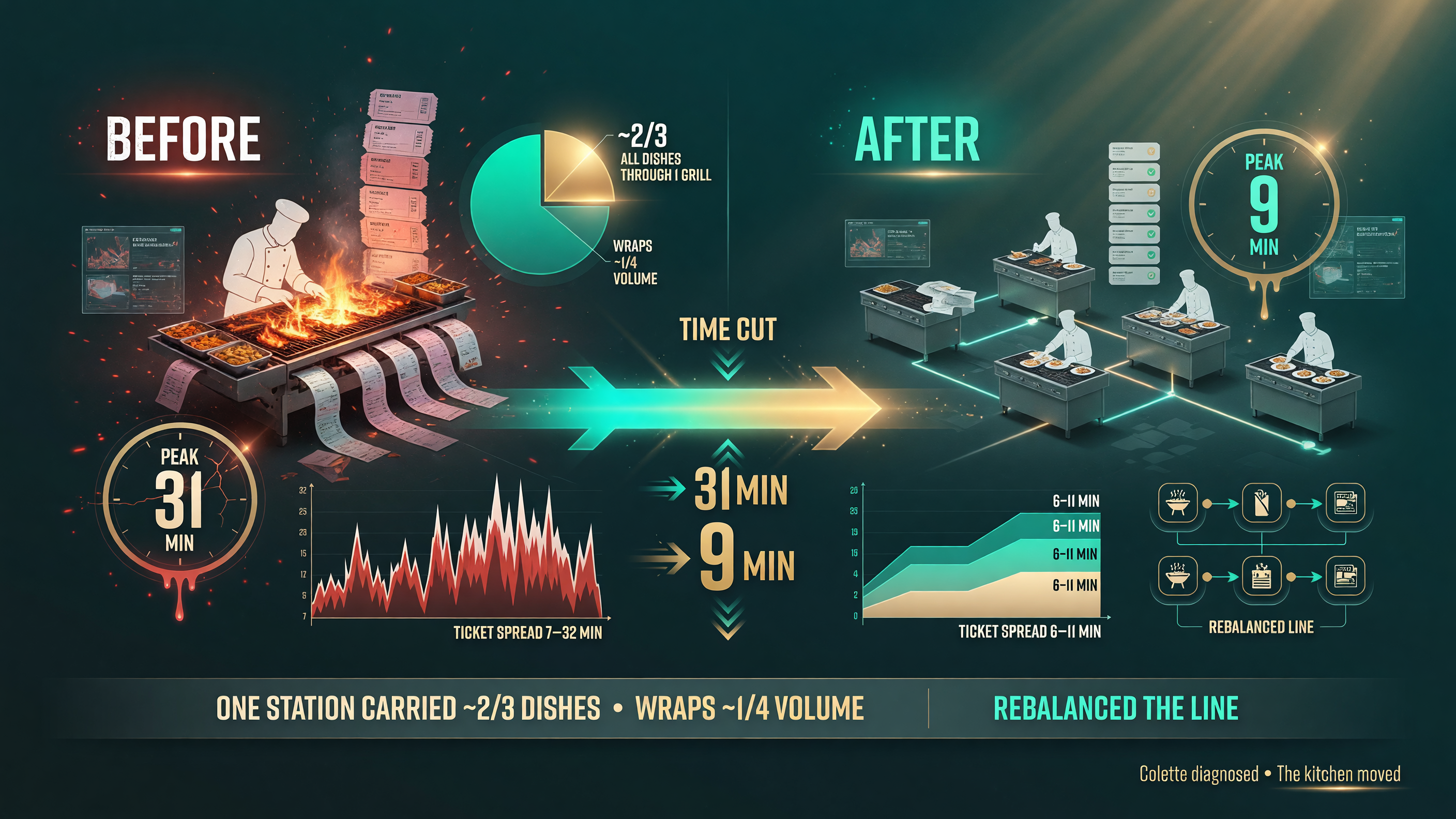 Before and after infographic showing restaurant brunch peak ticket time dropping from about 31 minutes to about 9 minutes after rebalancing the kitchen line, when one grill station carried about two thirds of dishes and wraps were about a quarter of volume