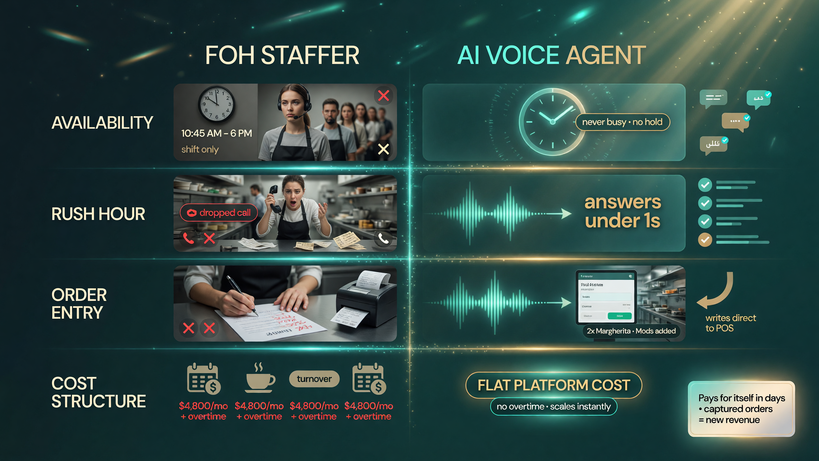 Comparing a front-of-house staffer to a 24-7 AI voice agent for restaurants on availability rush-hour responsiveness order entry labor cost and languages