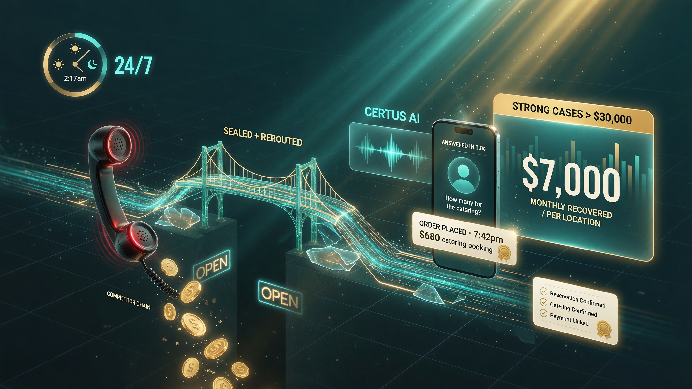 Certus AI 24-7 restaurant voice agent answers missed calls instantly and recovers roughly 7000 dollars a month per location in revenue that used to ring out, with stronger cases climbing past 30000 dollars