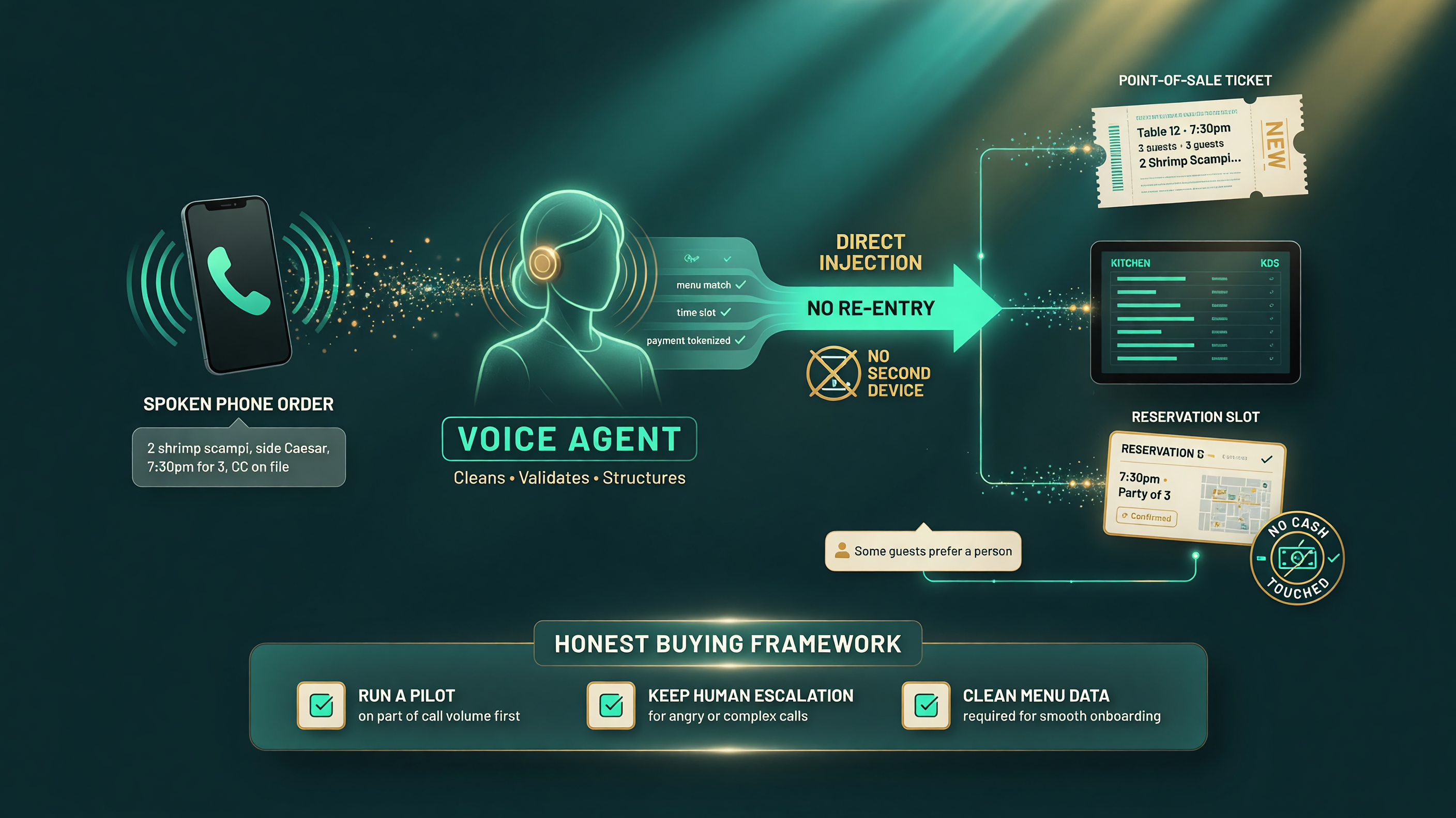 Flow showing a restaurant voice agent taking a spoken phone order and injecting it directly into the point of sale ticket, kitchen display, and reservation slot - with no re-entry, no second device, and no cash touched