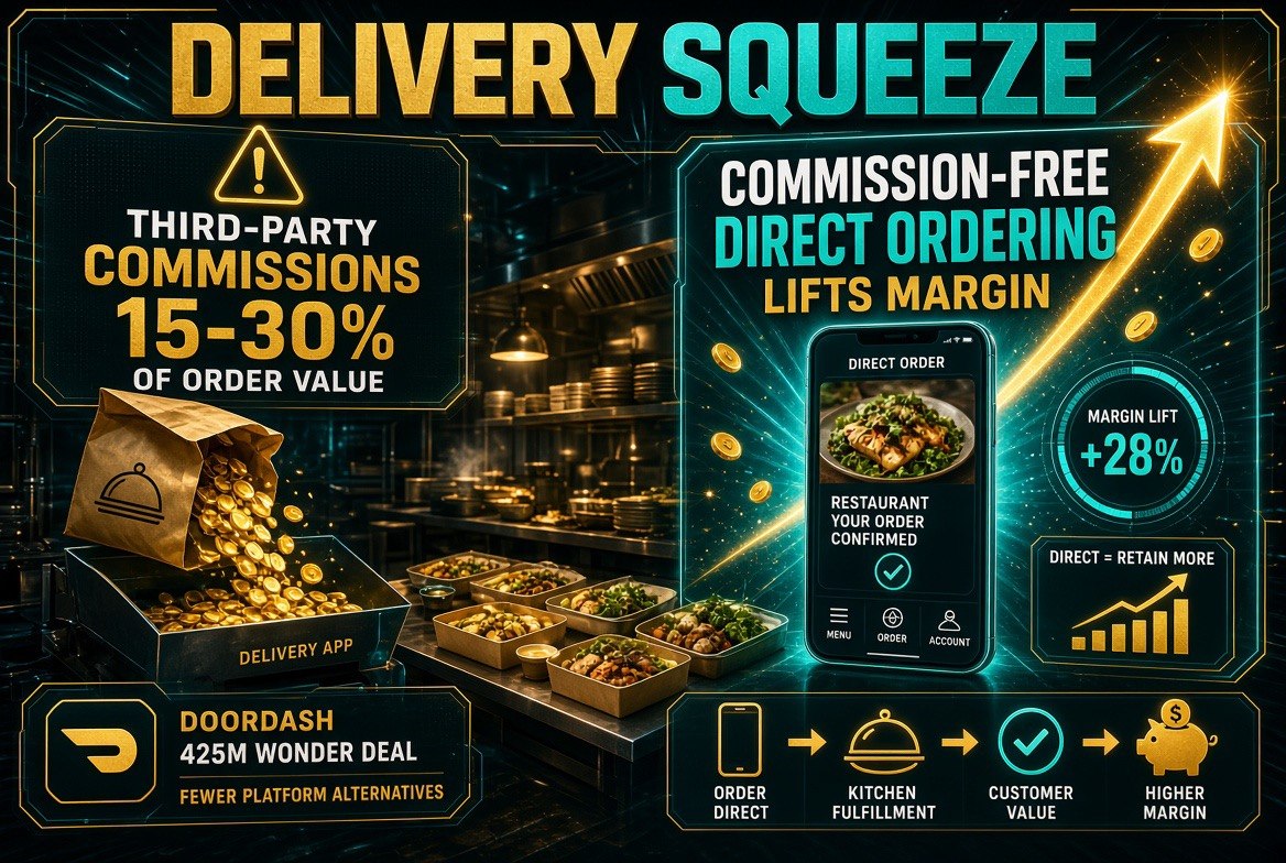 Delivery consolidation margin squeeze: third-party commissions of 15-30% of order value versus commission-free direct ordering