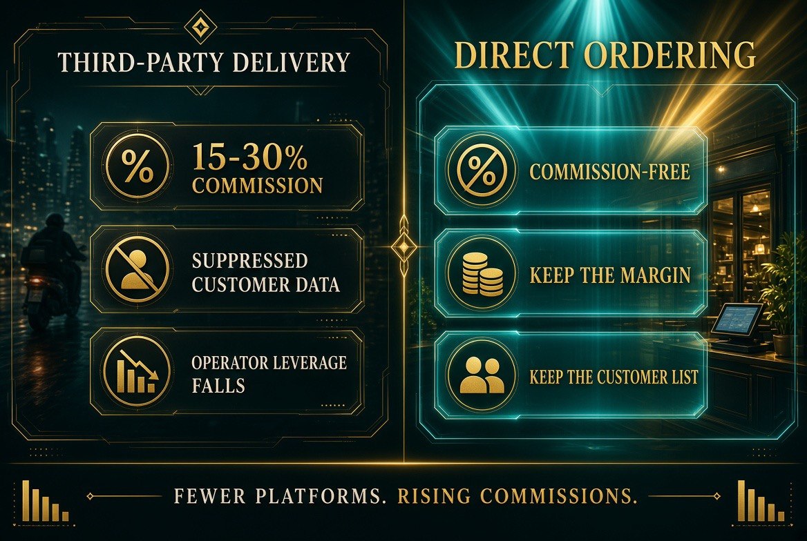 Side-by-side comparison of third-party delivery at 15-30% commission versus commission-free direct ordering that keeps margin and the customer list