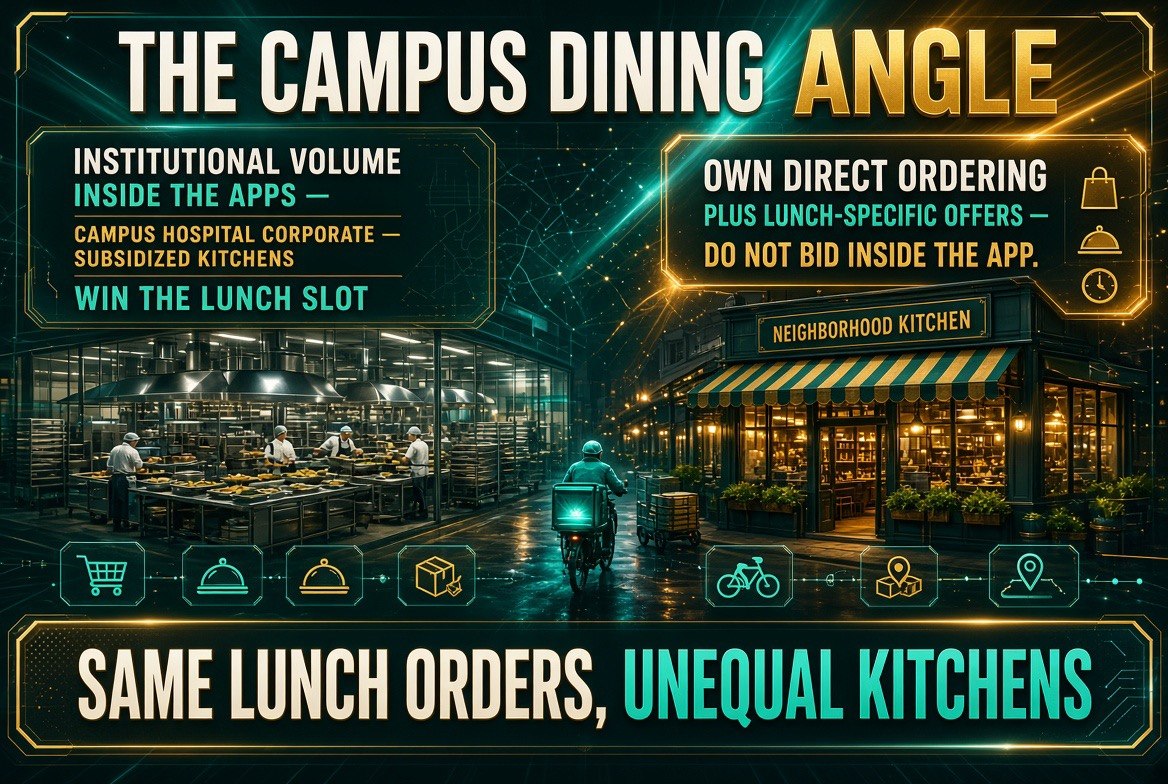 The campus dining angle: institutional campus, hospital and corporate volume now sits inside the major delivery apps, leaving independents to compete with subsidized kitchens