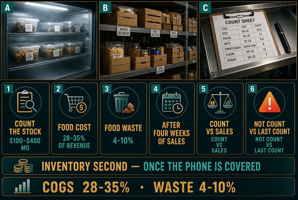 Inventory count versus sales comparison showing food cost and food waste percentages for a restaurant