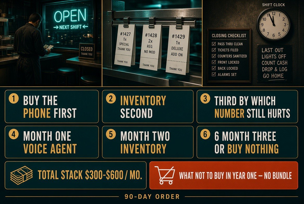 Ninety day buying order for restaurant AI tools starting with the phone agent then inventory