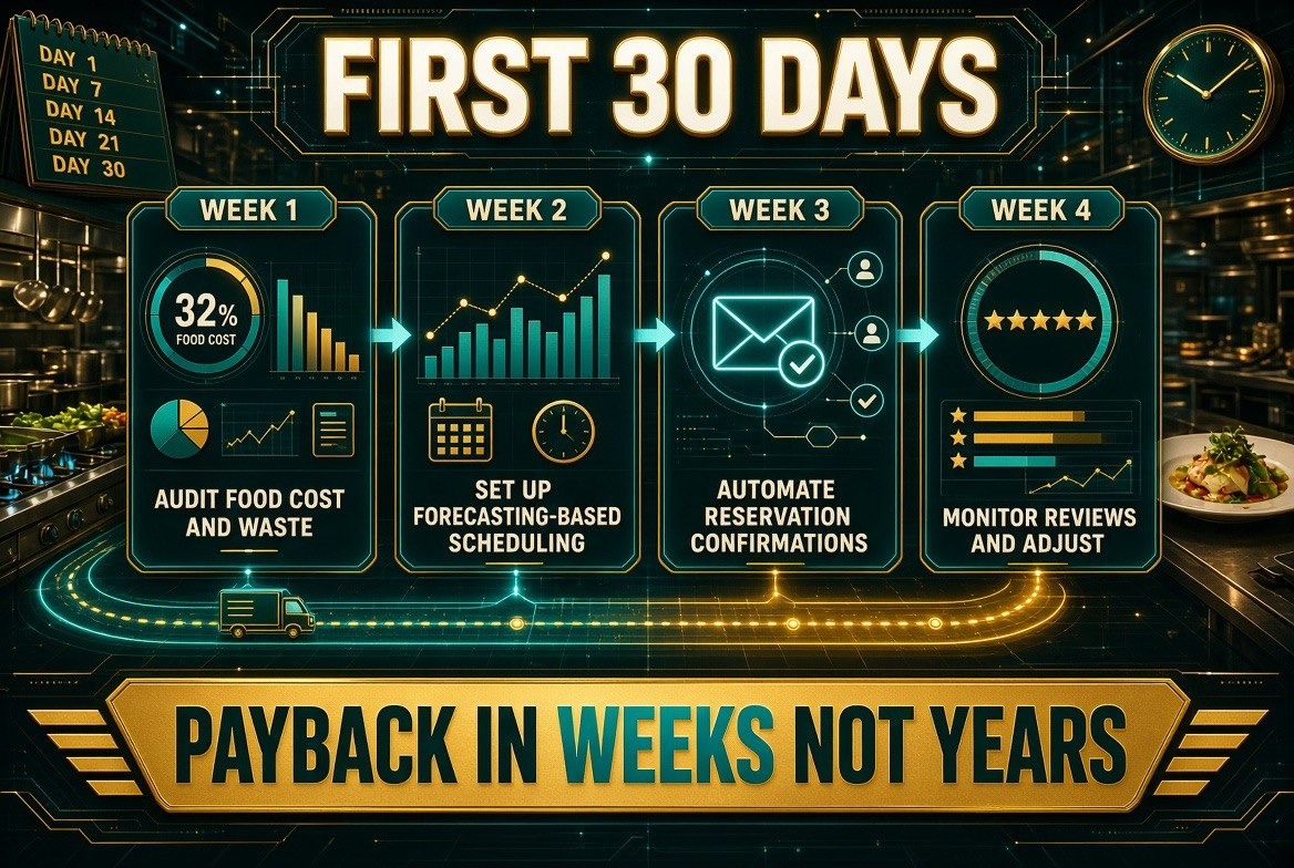 First 30 days restaurant cost recovery plan: week 1 audit food cost and waste, week 2 set up forecasting-based scheduling, week 3 automate reservation confirmations, week 4 monitor reviews and adjust