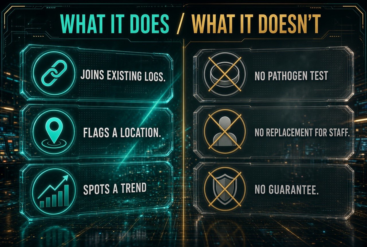 Comparison of what predictive food-safety AI does versus what it does not do: it joins existing logs, flags a location and spots a trend, but it does not test for pathogens, replace staff, or guarantee safety