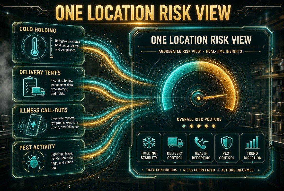 Four restaurant data streams converging into one per-location risk view: cold holding temperatures, delivery temperatures, illness call-outs and pest activity feeding a single location risk dashboard