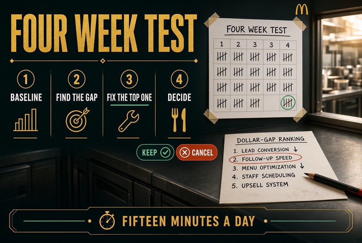 Four week restaurant inventory test timeline infographic with keep or cancel decision